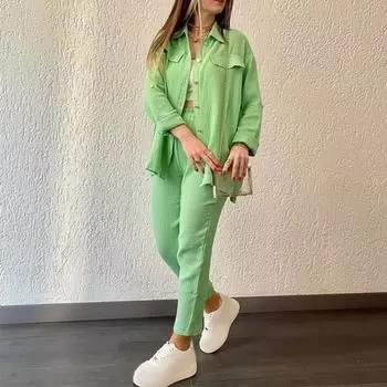 2 шт./комплект женская рубашка брюки комплект свободный отворот однобортный длинный рукав блузка высокая эластичная талия облегающие брюки повседневная одежда M абрикосовый