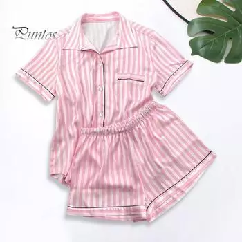 2 шт./комплект женская рубашка шорты костюм лацкан короткий рукав атласный полосатый контрастный цвет топ эластичный пояс короткие брюки домашняя одежда одежда для отдыха летний наряд M