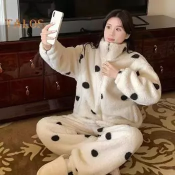 2 шт./комплект, женская зимняя пижама, костюм из плотного флиса на молнии с принтом в горошек, с длинным рукавом, высоким воротником, свободные брюки, теплая одежда для сна, повседневная домашняя одежда для спальни M абрикосовый