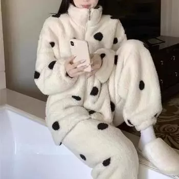 2 шт./комплект, женская зимняя пижама, костюм из плотного флиса на молнии с принтом в горошек, с длинным рукавом, высоким воротником, свободные брюки, теплая одежда для сна, повседневная домашняя одежда для спальни M абрикосовый