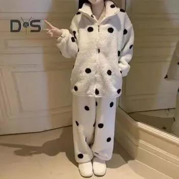 2 шт./комплект, женская зимняя пижама, костюм из плотного флиса на молнии с принтом в горошек, с длинным рукавом, высоким воротником, свободные брюки, теплая одежда для сна, повседневная домашняя одежда для спальни M абрикосовый
