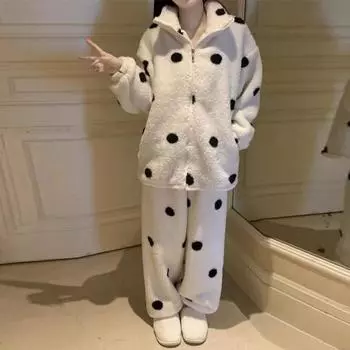 2 шт./комплект, женская зимняя пижама, костюм из плотного флиса, застежка-молния, с принтом в горошек, с длинным рукавом, высоким воротником, свободные брюки, теплая одежда для сна, повседневная домашняя спальня M абрикосовый