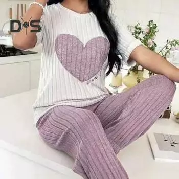 2 шт./комплект, женская зимняя пижама, круглый вырез, узор в виде сердца, короткий рукав, домашняя одежда, топ, штаны, комплект, свободная домашняя одежда, женская ночная рубашка L фиолетовый