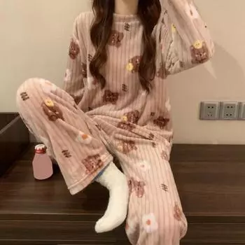 2 шт./комплект Женская зимняя пижама с круглым вырезом, рисунком медведя из мультфильма и персика, длинный рукав, коралловый флис, домашняя одежда, топ и штаны, комплект свободной домашней одежды синий