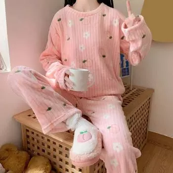 2 шт./комплект Женская зимняя пижама с круглым вырезом, рисунком медведя из мультфильма и персика, длинный рукав, коралловый флис, домашняя одежда, топ и штаны, комплект свободной домашней одежды синий