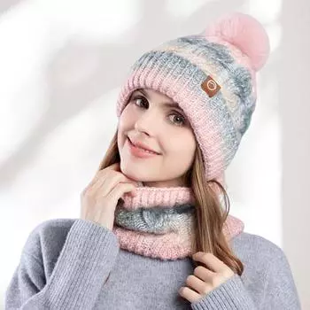 2 шт./комплект Женская зимняя шапка и шарф комплект плюшевый мяч декор контраст фиолетовый