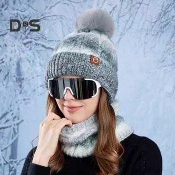 2 шт./комплект, женская зимняя шапка и шарф, плюшевый декоративный мяч, контрастный цвет, толстая плюшевая линия, морозостойкая шапочка для катания на лыжах, катания на коньках, езды на велосипеде, шейный платок серый