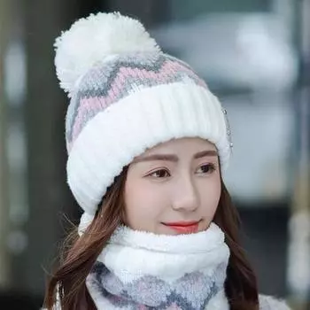 2 шт./комплект, женская зимняя шапка и шарф, комплект из плюшевого мяча, контрастный цвет, плотная плюшевая линия, морозостойкая шапочка для катания на лыжах и велосипеде, комплект из шапок для шеи белый