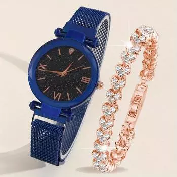2 шт./комплект женские элегантные часы модные повседневные наручные часы с сетчатым ремешком из нержавеющей стали и браслет, лучший подарок для нее