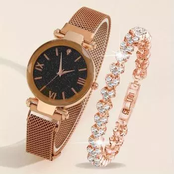 2 шт./комплект женские элегантные часы модные повседневные наручные часы с сетчатым ремешком из нержавеющей стали и браслет, лучший подарок для нее