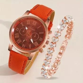 2 шт./комплект женские элегантные часы модные повседневные аналоговые наручные часы с ремешком из искусственной кожи и браслетом из горного хрусталя, лучший подарок для нее