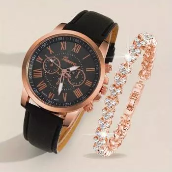 2 шт./комплект женские элегантные часы модные повседневные аналоговые наручные часы с ремешком из искусственной кожи и браслетом из горного хрусталя, лучший подарок для нее