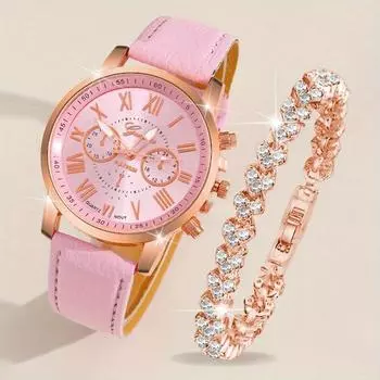 2 шт./комплект женские элегантные часы модные повседневные аналоговые наручные часы с ремешком из искусственной кожи и браслетом из горного хрусталя, лучший подарок для нее