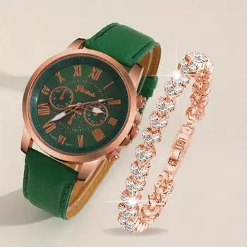 2 шт./комплект женские элегантные часы модные повседневные аналоговые наручные часы с ремешком из искусственной кожи и браслетом из горного хрусталя, лучший подарок для нее