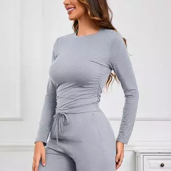 2 шт./комплект женские домашние костюмы осень зима длинные рукава плиссированные топы и макси брюки повседневные пижамные комплекты женская домашняя одежда S чёрный