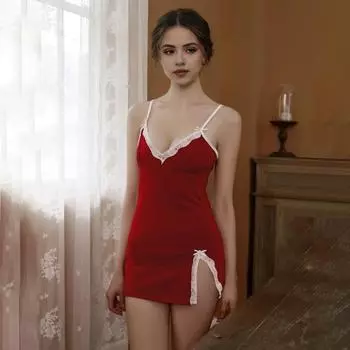 2 шт./комплект женские летние ночные рубашки трусики комплект бретельки-спагетти без рукавов бант кружево M вино красного