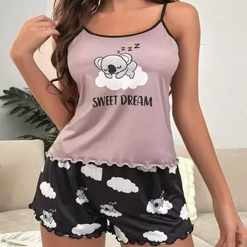 2 шт./комплект женские пижамы камзол тонкие свободные плюс размер кружевные внутренние шорты жилет леди повседневная мода мягкие спортивные подтяжки домашняя одежда S чёрный