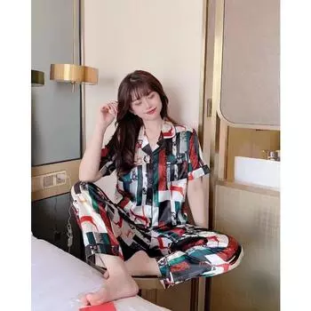 2 шт./комплект женские пижамы осень-зима шелковый кардиган с принтом большой размер свободные брюки с короткими рукавами студенческая домашняя одежда M