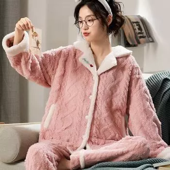 2 шт./комплект женские пижамы с длинными рукавами утепленные теплые повседневные удобные коралловые бархатные мультяшные милые домашние наряды для молодых девушек S розовый