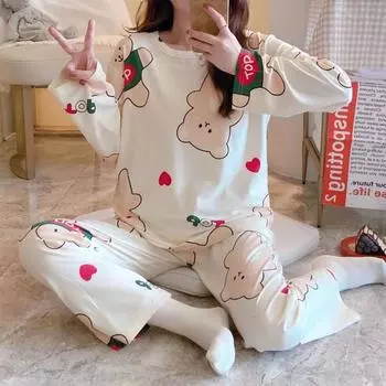 2 шт./комплект женские пижамы с круглым вырезом мультяшный медведь студенты колледжа домашняя одежда осень и зима длинные рукава брюки пижамы брюки M белый