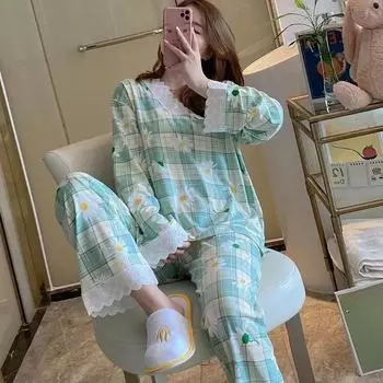 2 шт./комплект женские пижамы V-образный вырез студенческая домашняя одежда молочный шелк длинные рукава брюки кружево кружево может выйти одежда женская M жёлтый