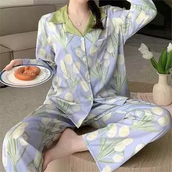 2 шт./комплект женские пижамы весна и осень с длинными рукавами повседневные цветочные милые милые домашняя одежда женская простая мягкая модная одежда для отдыха M фиолетовый