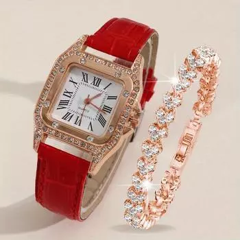 2 шт./комплект женские роскошные часы со стразами модные повседневные аналоговые наручные часы с ремешком из искусственной кожи и браслетом, лучший подарок для нее
