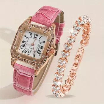 2 шт./комплект женские роскошные часы со стразами модные повседневные аналоговые наручные часы с ремешком из искусственной кожи и браслетом, лучший подарок для нее