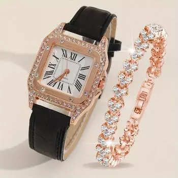 2 шт./комплект женские роскошные часы со стразами модные повседневные аналоговые наручные часы с ремешком из искусственной кожи и браслетом, лучший подарок для нее