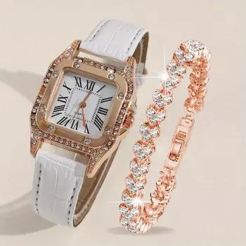 2 шт./комплект женские роскошные часы со стразами модные повседневные аналоговые наручные часы с ремешком из искусственной кожи и браслетом, лучший подарок для нее