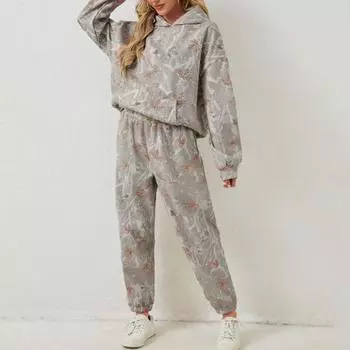 2 шт./комплект женские толстовки с капюшоном брюки костюм с принтом длинные рукава толстый верх эластичный пояс с резинкой на щиколотке S хаки