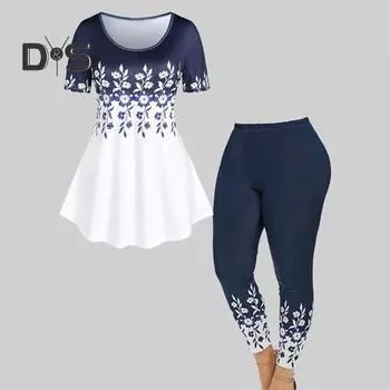 2 шт./комплект женские топы с круглым вырезом и коротким рукавом, свободные топы с высокой талией, леггинсы для йоги, спортивный наряд с принтом, уличная одежда XL чёрный