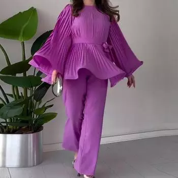 2 шт./комплект женские верхние брюки плиссированные рукава роговые шнуровка бант узкая талия большой подол круглый вырез блузка широкие брюки однотонные брюки O S абрикосовый