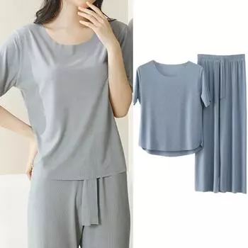 2 шт. / Комплект женских пижам Ice Silk с круглым вырезом и короткими рукавами, однотонная свободная домашняя одежда, топы и брюки L розовый