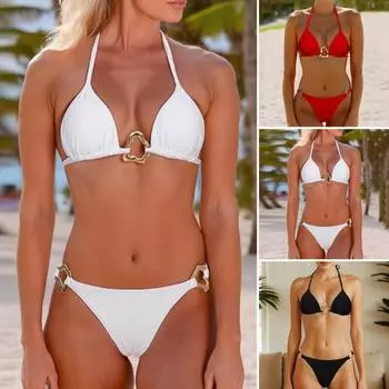 2 шт./комплект женский бикини комплект сексуальный однотонный бюстгальтер на шее с высокой талией плавки комплект раздельный пляжный купальник S красный