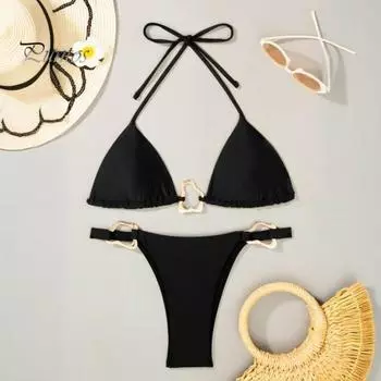 2 шт./комплект женский бикини комплект сексуальный однотонный бюстгальтер на шее с высокой талией плавки комплект раздельный пляжный купальник S красный