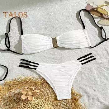 2 шт./комплект женский бикини комплект слинг бандо бюстгальтер с подкладкой морщинистая текстура трусы комплект пэчворк цветной раздельный купальник XS белый