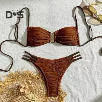2 шт./комплект женский бикини комплект слинг бандо бюстгальтер с подкладкой морщинистая текстура трусы комплект пэчворк цветной раздельный купальник XS чёрный