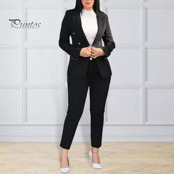 2 шт./комплект женский деловой пиджак брюки комплект отложной воротник двубортный пиджак с длинными рукавами облегающий однотонные брюки повседневная одежда для поездок на работу 2XL кофейный