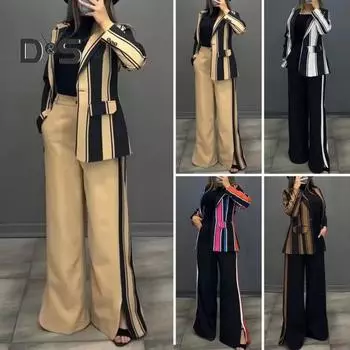 2 шт./комплект женский деловой пиджак брюки комплект с длинными рукавами цветной полосатый кардиган с лацканами средней длины пиджак расклешенные брюки с высокой талией формальные S хаки