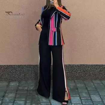 2 шт./комплект женский деловой пиджак брюки комплект с длинными рукавами цветной полосатый кардиган с лацканами средней длины пиджак расклешенные брюки с высокой талией формальные S хаки