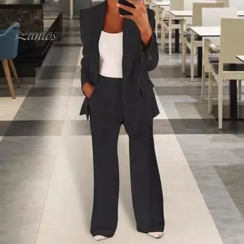 2 шт./комплект женский деловой пиджак брюки комплект длинные рукава Slim Fit кардиган с лацканами средней длины куртка с высокой талией широкие брюки формальный деловой дорожный S абрикосовый