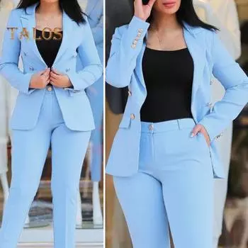 2 шт./комплект женский деловой пиджак брюки комплект отложной воротник двубортный пиджак с длинными рукавами облегающий однотонные брюки повседневная одежда для поездок на работу 2XL чёрный