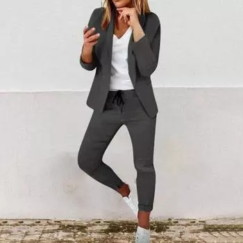2 шт./комплект женский деловой пиджак брюки комплект с длинными рукавами приталенный кардиган с лацканами средней длины куртка эластичный пояс узкие брюки формальный деловой дорожный M темно-серого