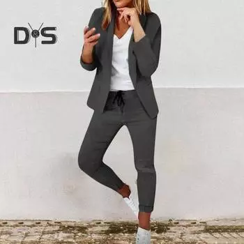 2 шт./комплект женский деловой пиджак брюки комплект с длинными рукавами приталенный кардиган с лацканами средней длины куртка эластичный пояс узкие брюки формальный деловой дорожный S абрикосовый