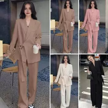 2 шт./комплект женский формальный пиджак брюки комплект с длинными рукавами застежка на пуговицы V M чёрный