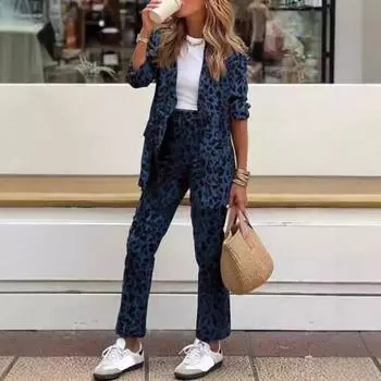 2 шт./комплект женский формальный пиджак брюки комплект длинные рукава леопардовый принт лацкан кардиган средней длины пиджак прямые брюки с высокой талией формальный деловой XL зелёный