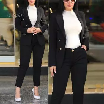 2 шт./комплект женский формальный пиджак брюки комплект с длинными рукавами двойные пуговицы узкий кардиган талия куртка средней длины прямые брюки с высокой талией формальный деловой S вино красного