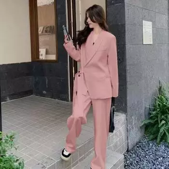 2 шт./комплект женский формальный пиджак брюки комплект с длинными рукавами застежка на пуговицы V M розовый