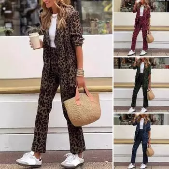 2 шт./комплект женский формальный пиджак брюки комплект длинный рукав леопардовый принт лацкан кардиган XL красный